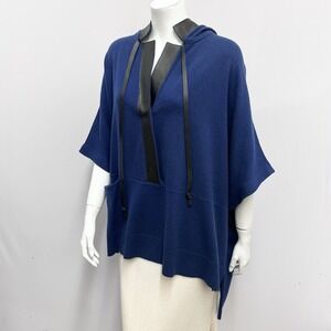 Zoe Couture Wool & Cashmere Poncho Sweater Top Faux Leather Trim Black & Blue OS